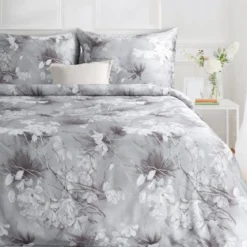 Ekskluzywna pościel Premium popielata 220x200 w jasne kwiaty