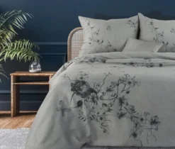 Ekskluzywna pościel Terra Collection popielata w kwiaty 160x200 Palermo