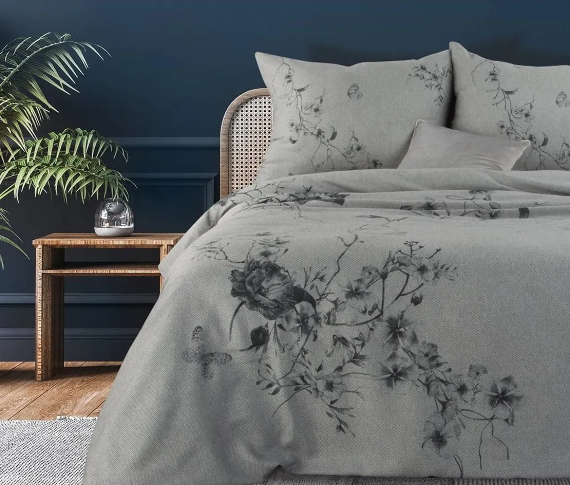 Ekskluzywna pościel Terra Collection popielata w kwiaty 160x200 Palermo