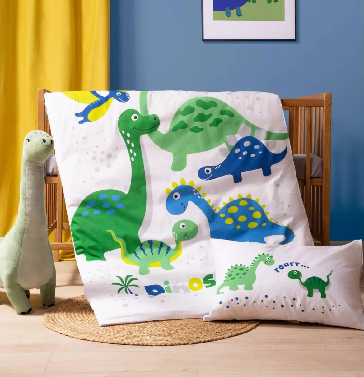 Komplet pościeli bambusowej białej do łóżeczka 90x120 Zielony Dinozaur