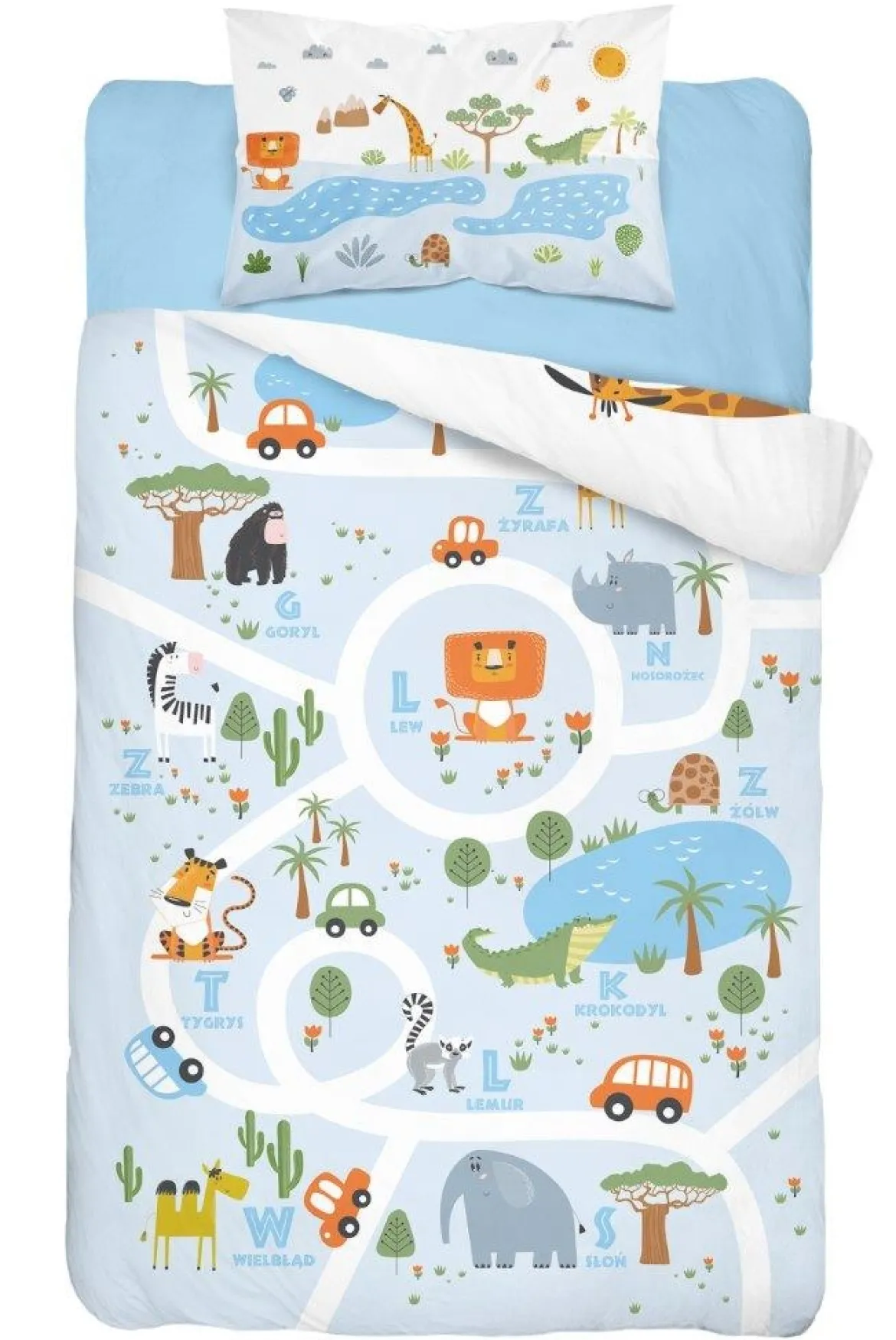 Komplet pościeli bawełnianej błękitno białej do łóżeczka 90x120 Zoo