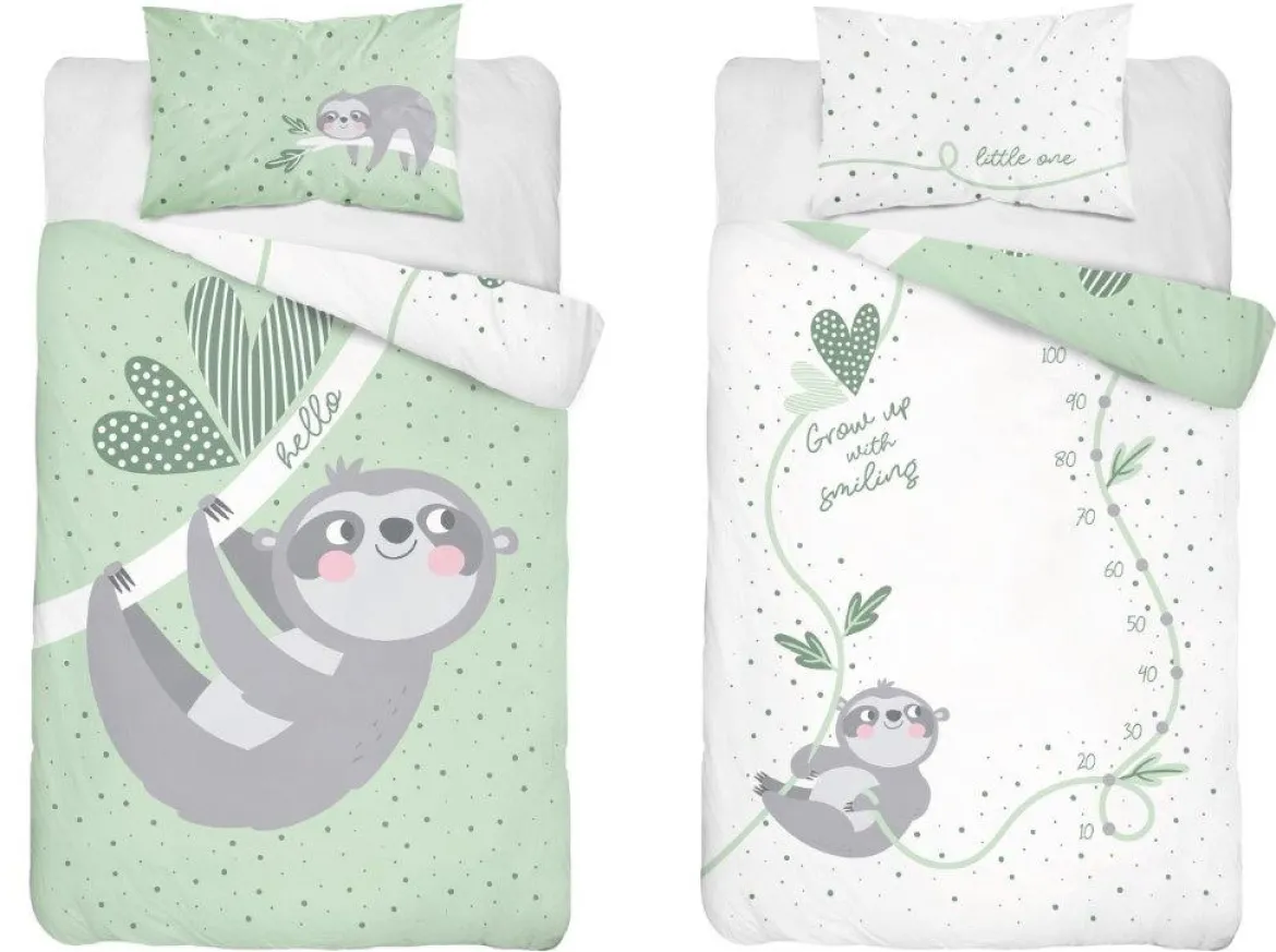 Komplet pościeli bawełnianej zielono białej do łóżeczka 90x120 Leniwiec