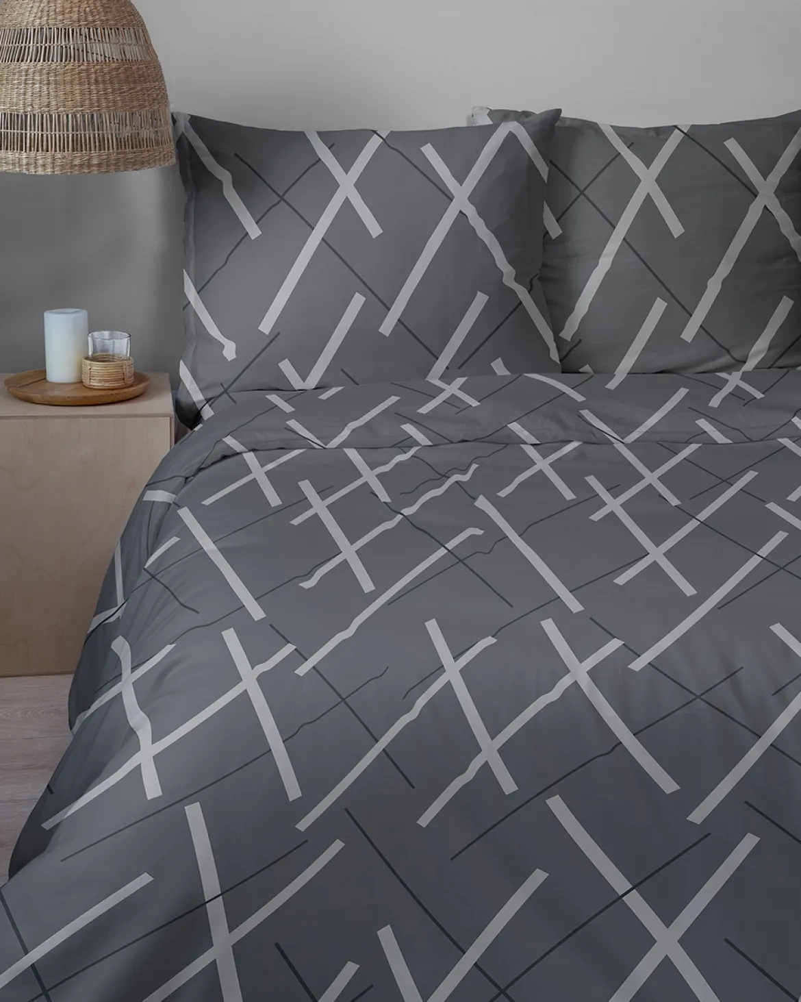 Komplet pościeli grafitowej z satyny bawełnianej 220x200 geometryczny wzór Home Satin