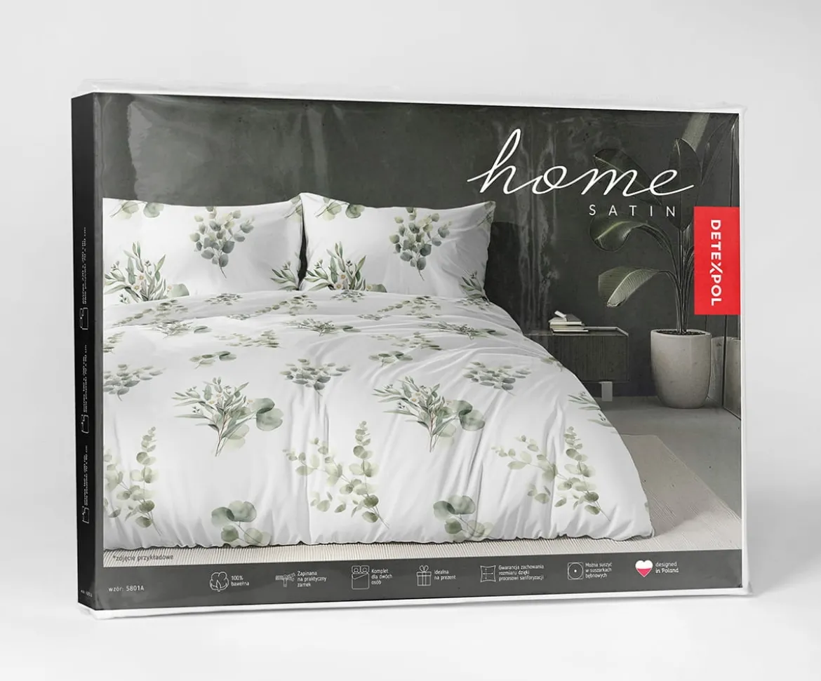 Komplet pościeli Home Satin z satyny bawełnianej 160x200 w zielone gałązki eukaliptusa