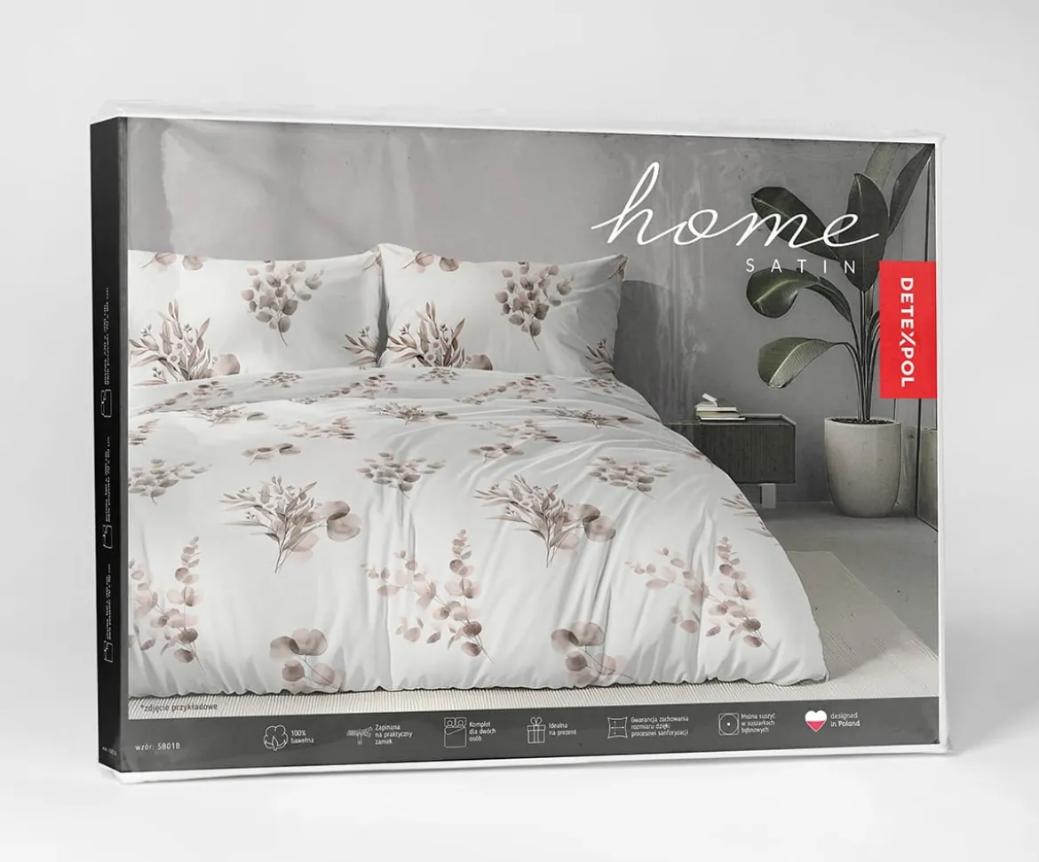 Komplet pościeli Home Satin z satyny bawełnianej 220x200 w beżowe gałązki eukaliptusa