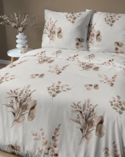 Komplet pościeli Home Satin z satyny bawełnianej 220x200 w beżowe gałązki eukaliptusa