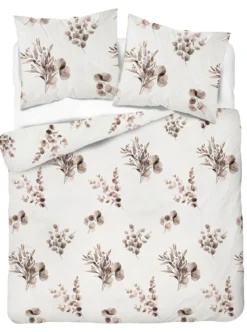 Komplet pościeli Home Satin z satyny bawełnianej 220x200 w beżowe gałązki eukaliptusa