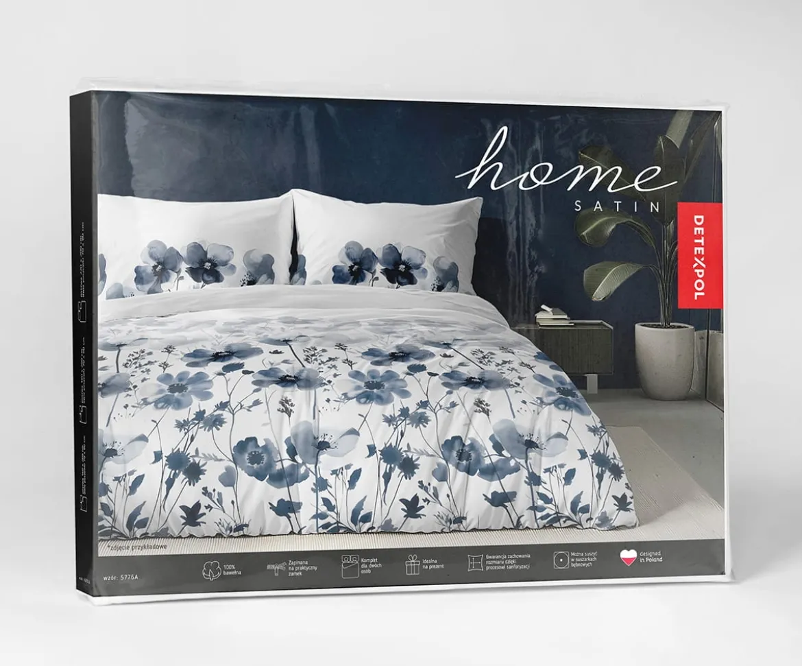 Komplet pościeli Home Satin z satyny bawełnianej 220x200 w granatowe kwiaty