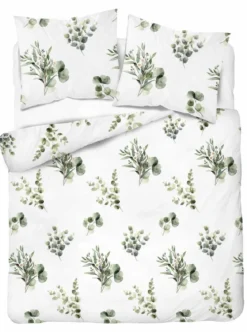 Komplet pościeli Home Satin z satyny bawełnianej 220x200 w zielone gałązki eukaliptusa