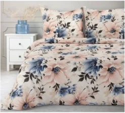 Komplet pościeli kremowej Sonia 100% bawełniana 140x200 w błękitne i pudrowe kwiaty