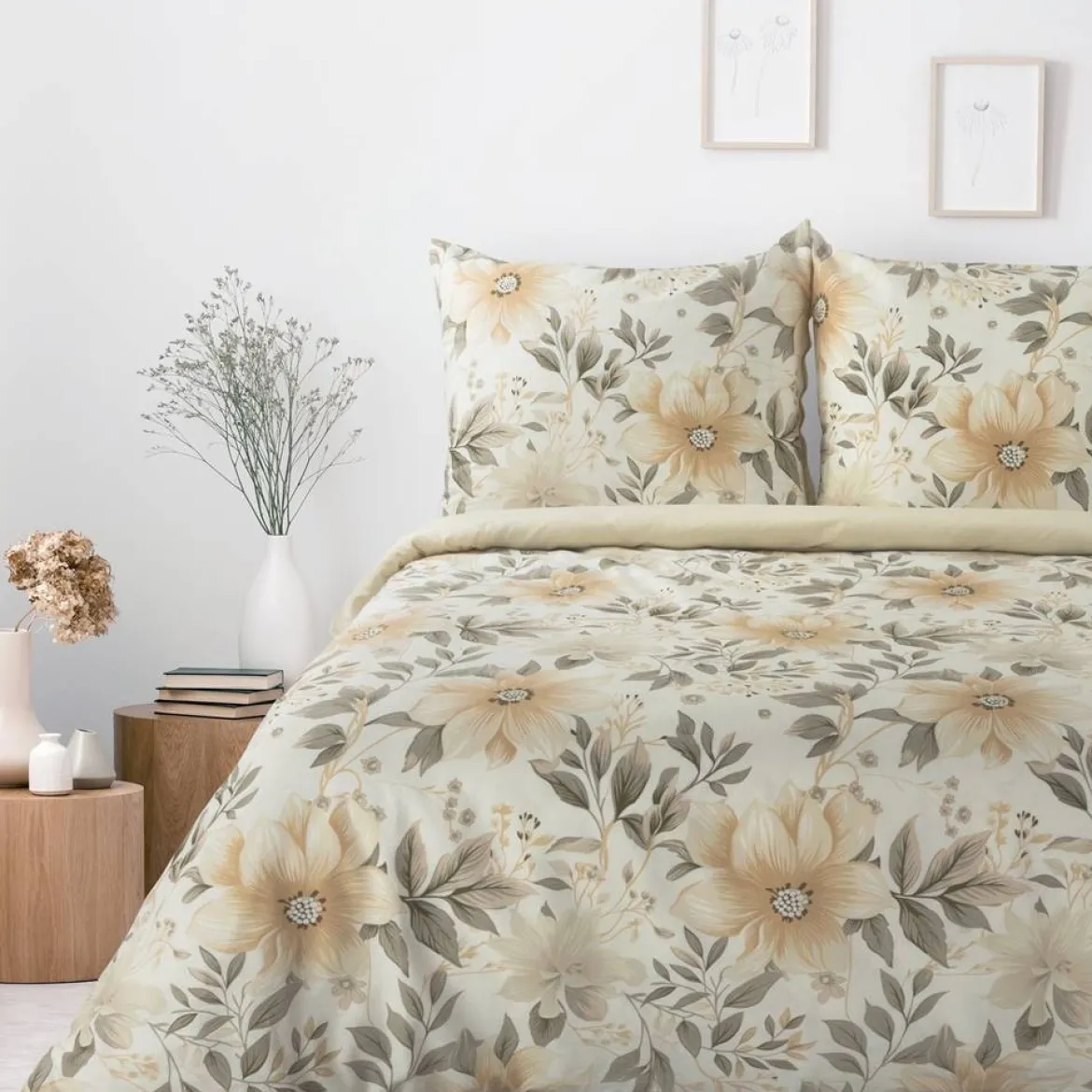 Komplet pościeli Sonia kremowej 100% bawełniana 160x200 w duże beżowe kwiaty