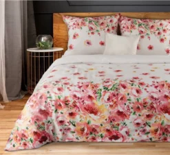 Komplet pościeli z bawełny satynowej białej 220x200 w kolorowe kwiaty