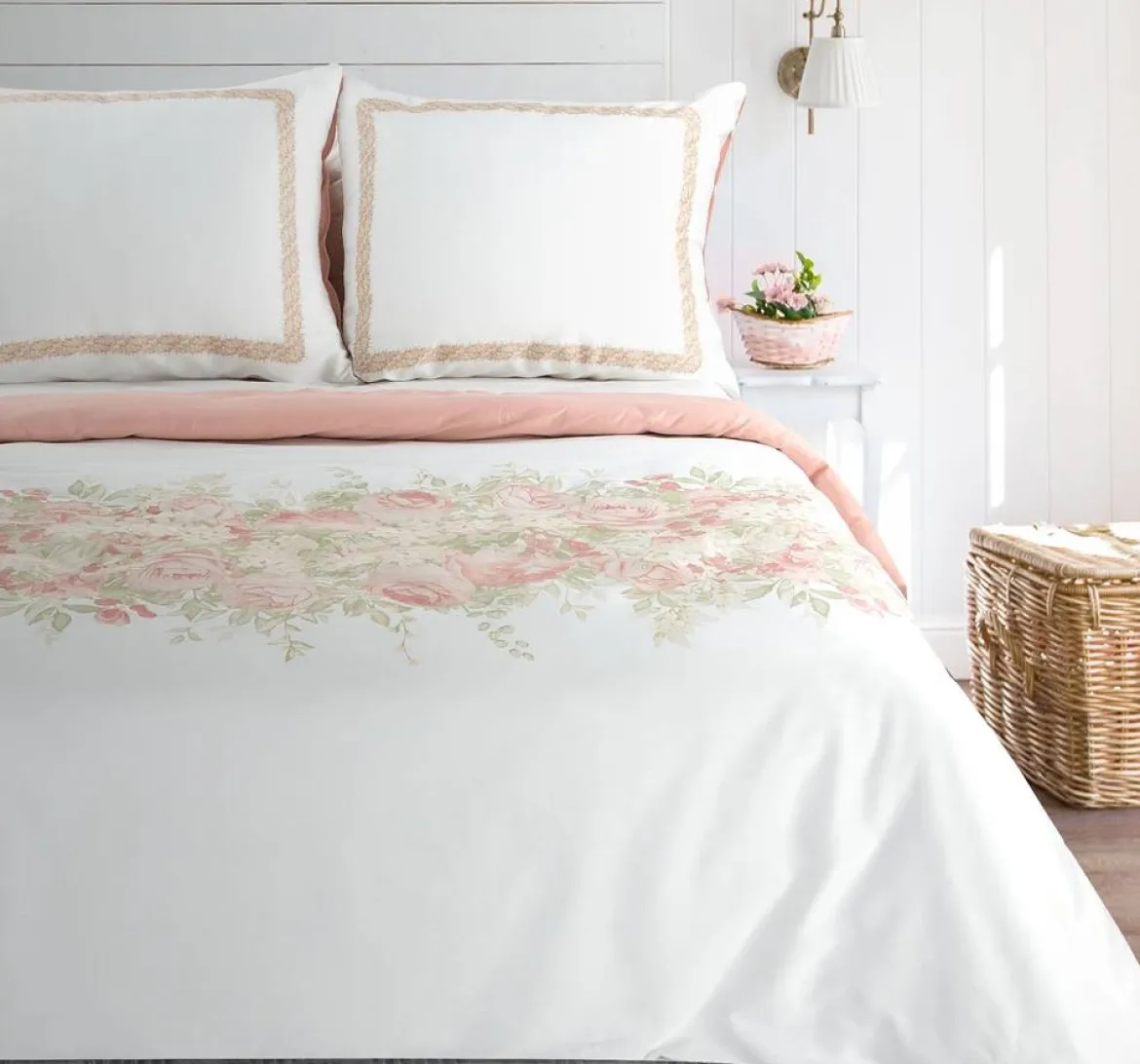 Komplet pościeli z bawełny satynowej biało różowej Spring 220x200 w różowe kwiaty