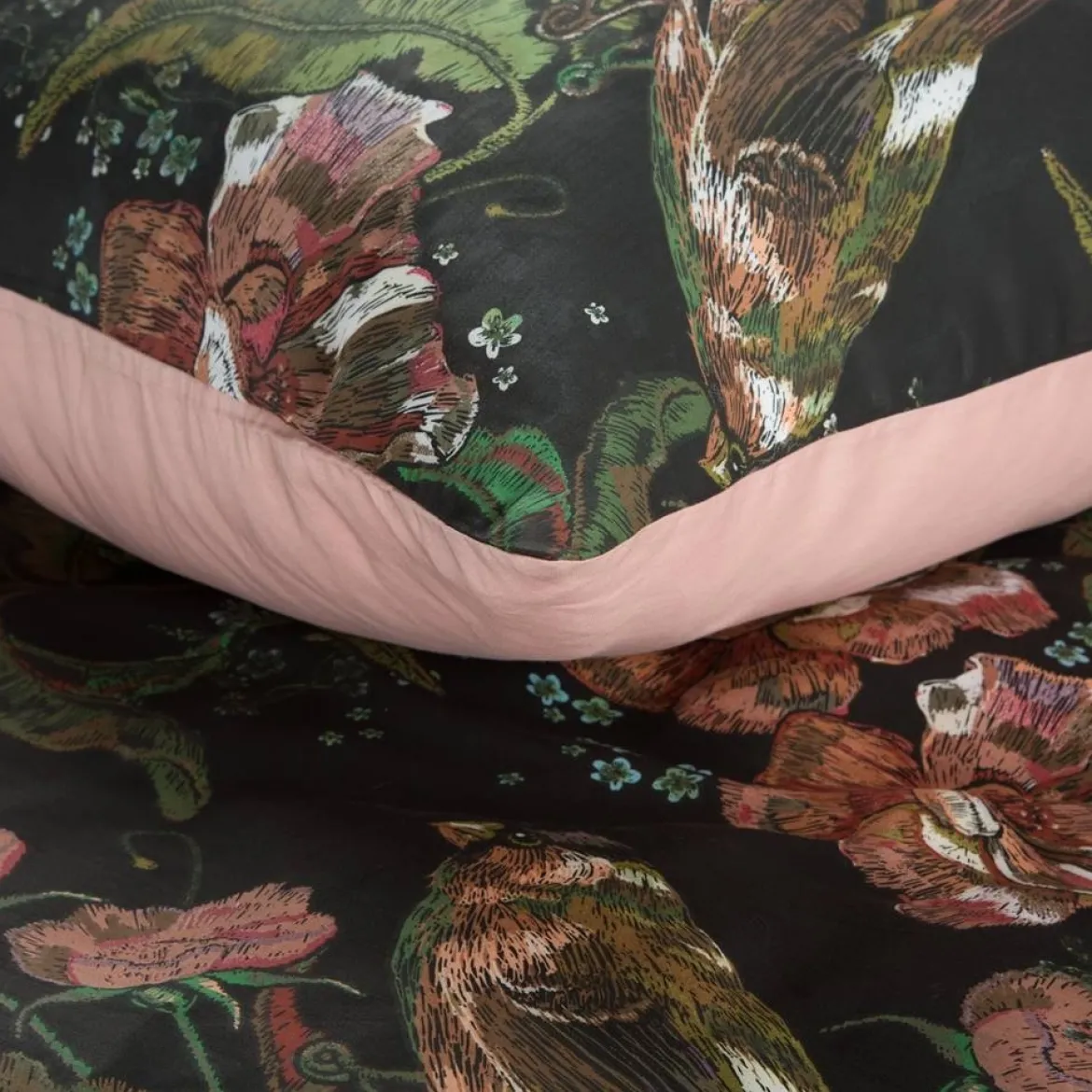 Komplet pościeli z bawełny satynowej czarno różowej Spring 220x200 w ptaszki