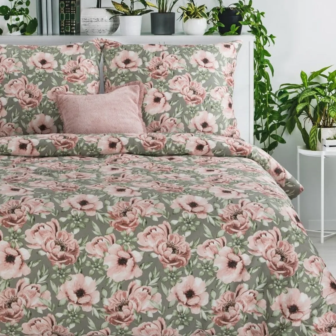 Komplet pościeli z bawełny satynowej oliwkowej Spring 220x200 w różowe kwiaty