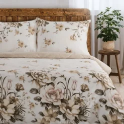 Komplet pościeli z bawełny satynowej Spring 220x200 w beżowo brązowe kwiaty