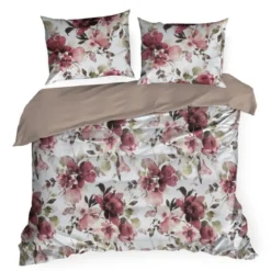 Komplet pościeli z bawełny satynowej Spring 220x200 w czerwone, bordowe i pudrowe kwiaty