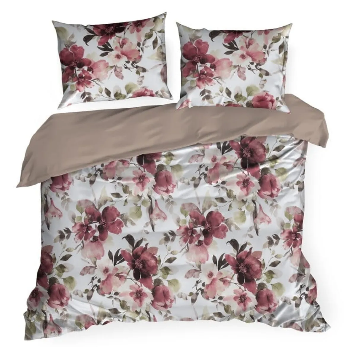 Komplet pościeli z bawełny satynowej Spring 220x200 w czerwone, bordowe i pudrowe kwiaty