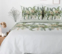 Komplet pościeli z bawełny satynowej biało miętowej Spring 140x200 w kremowe kwiaty w liściach