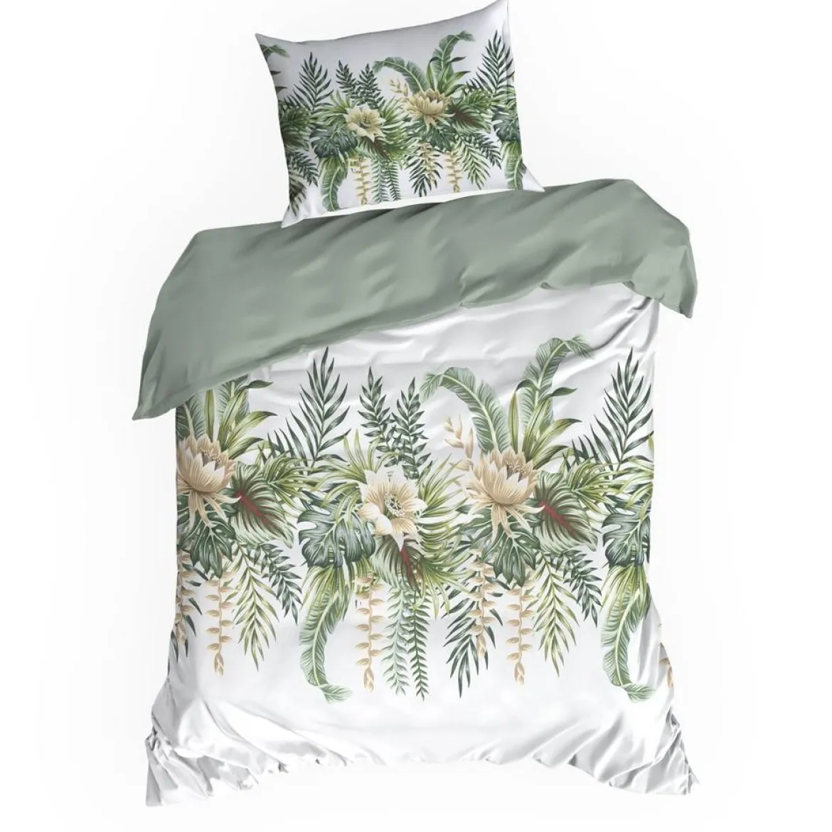 Komplet pościeli z bawełny satynowej biało miętowej Spring 140x200 w kremowe kwiaty w liściach