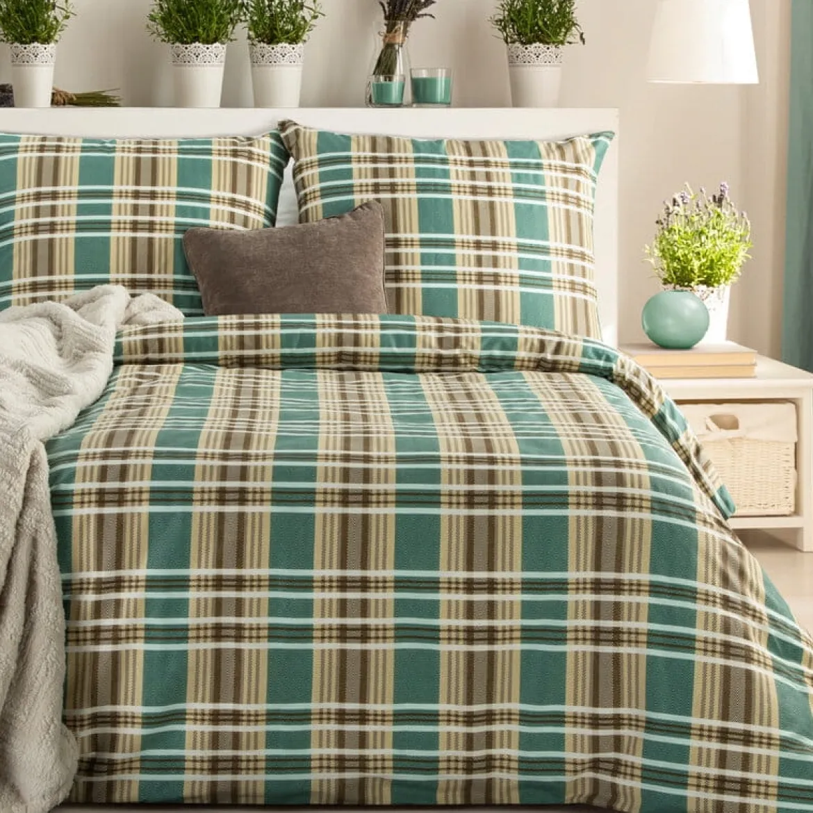 Komplet pościeli z bawełny satynowej Spring 220x200 zielono beżowa w kratę