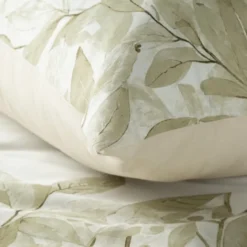 Komplet pościeli z bawełny satynowej w liście Spring 220x200 w beżu i złamanej bieli