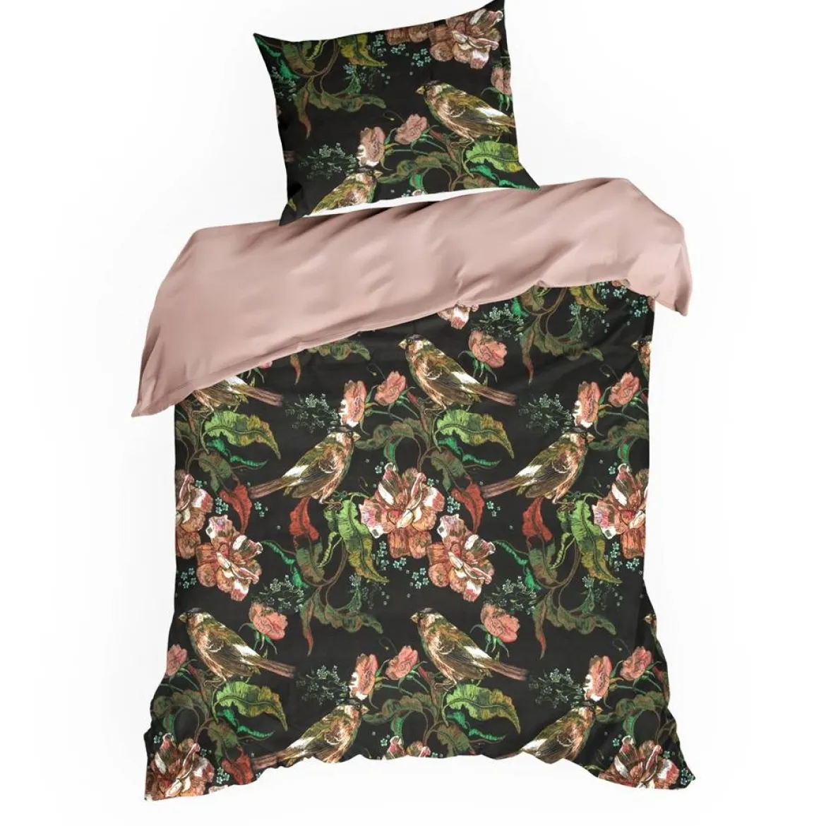Komplet pościeli z bawełny satynowej czarno różowej Spring 140x200 w ptaszki