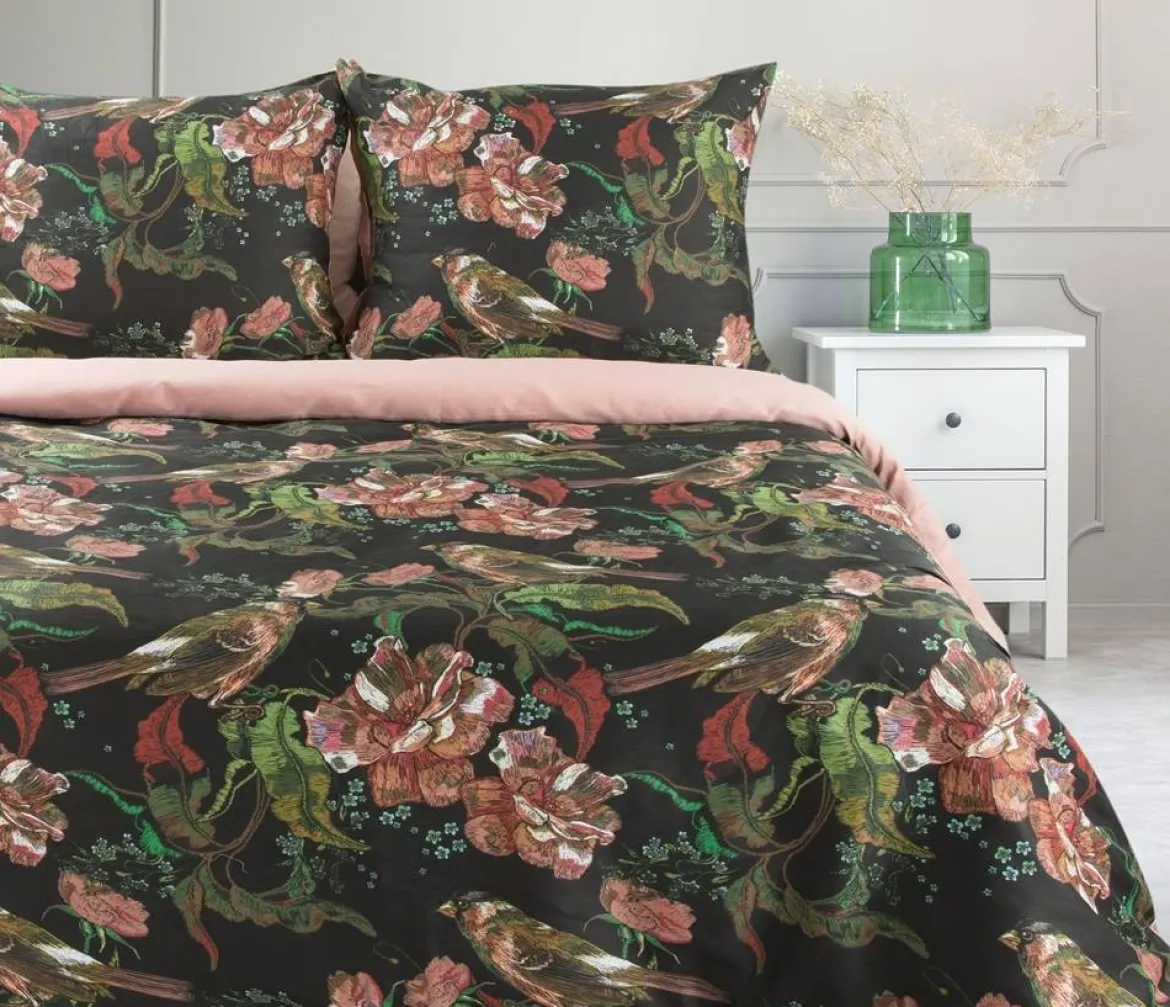 Komplet pościeli z bawełny satynowej czarno różowej Spring 140x200 w ptaszki