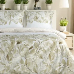 Komplet pościeli z bawełny satynowej w liście Spring 140x200 w beżu i złamanej bieli