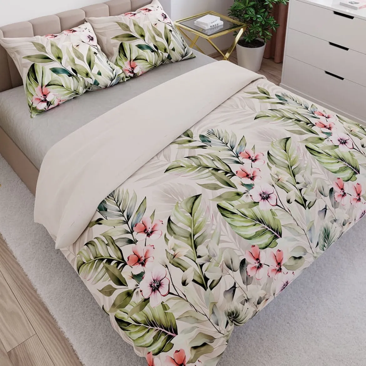 Komplet pościeli z bawełny satynowej w kwiaty hibiskusa 160x200 Paradis