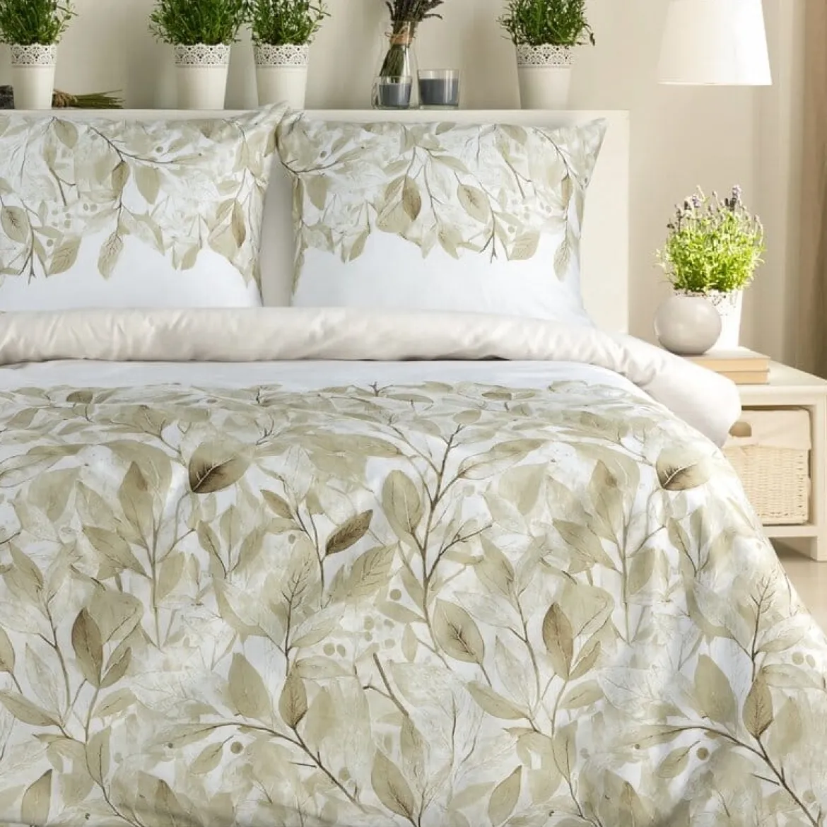 Komplet pościeli z bawełny satynowej w liście Spring 160x200 w beżu i złamanej bieli