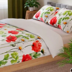 Komplet pościeli z bawełny satynowej 160x200 w maki i margaretki
