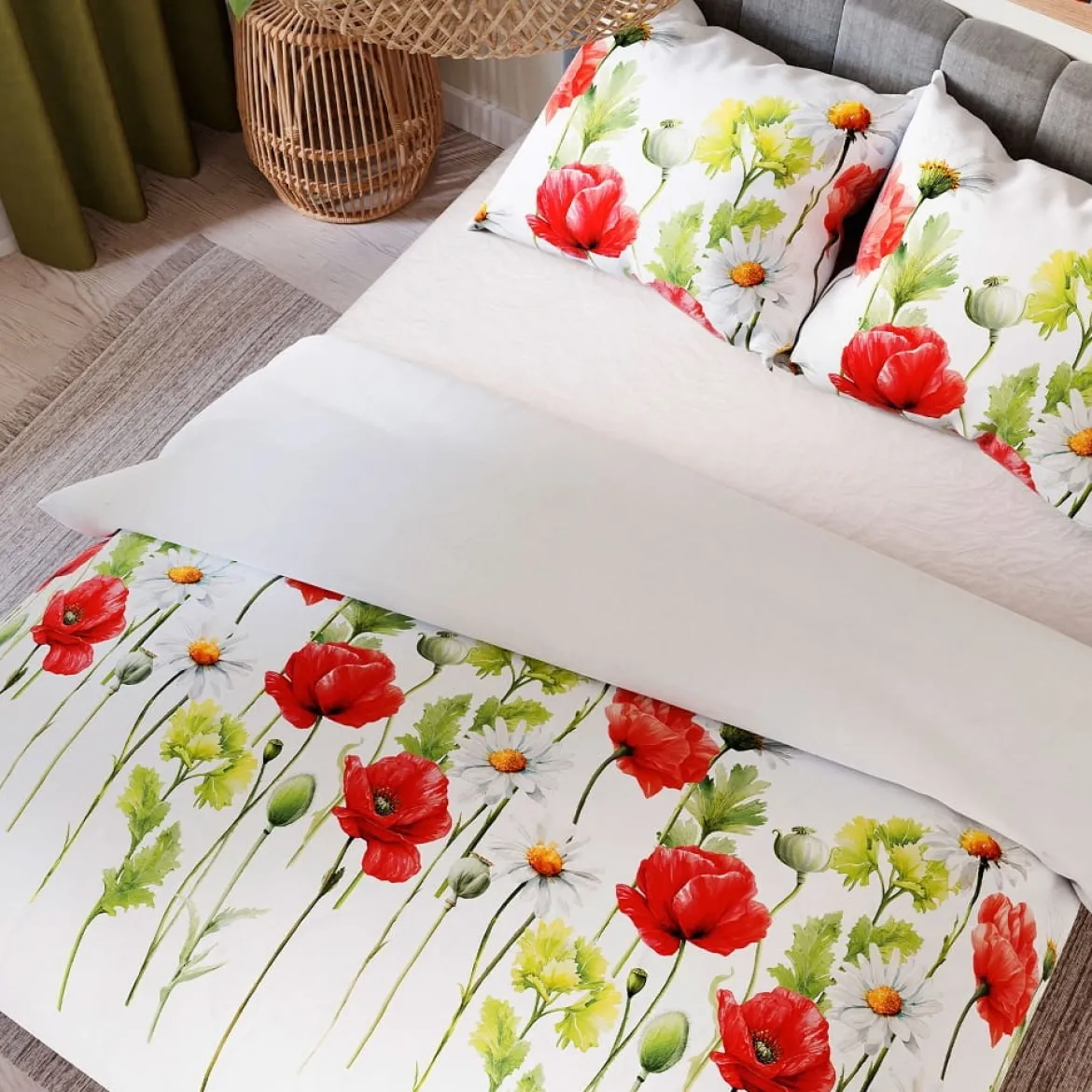 Komplet pościeli z bawełny satynowej 160x200 w maki i margaretki
