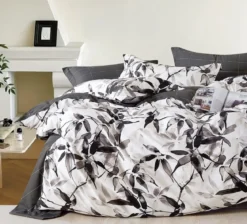Komplet pościeli z bawełny satynowej 160x200 czarno szare liście