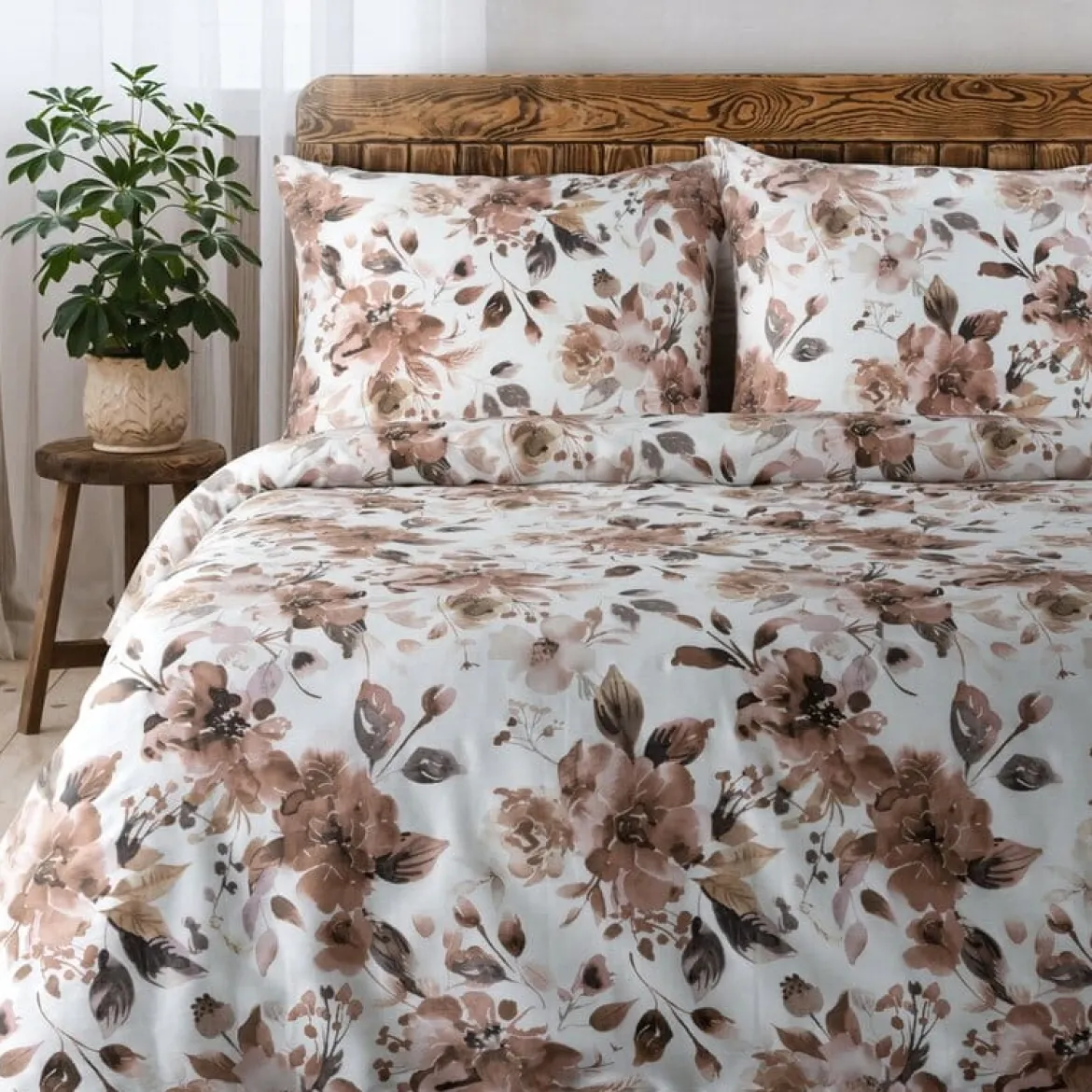 Komplet pościeli z bawełny satynowej Spring 160x200 beżowe, brązowe i pudrowe kwiaty