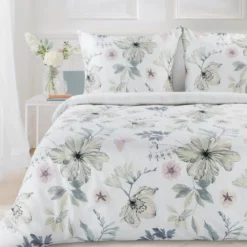 Komplet pościeli z bawełny satynowej 160x200 w kwiaty i liście Spring