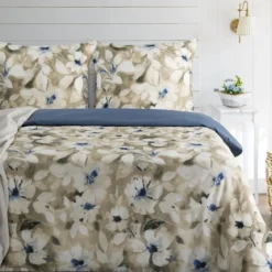 Komplet pościeli z bawełny satynowej Spring 160x200 w beżowo błękitne kwiaty