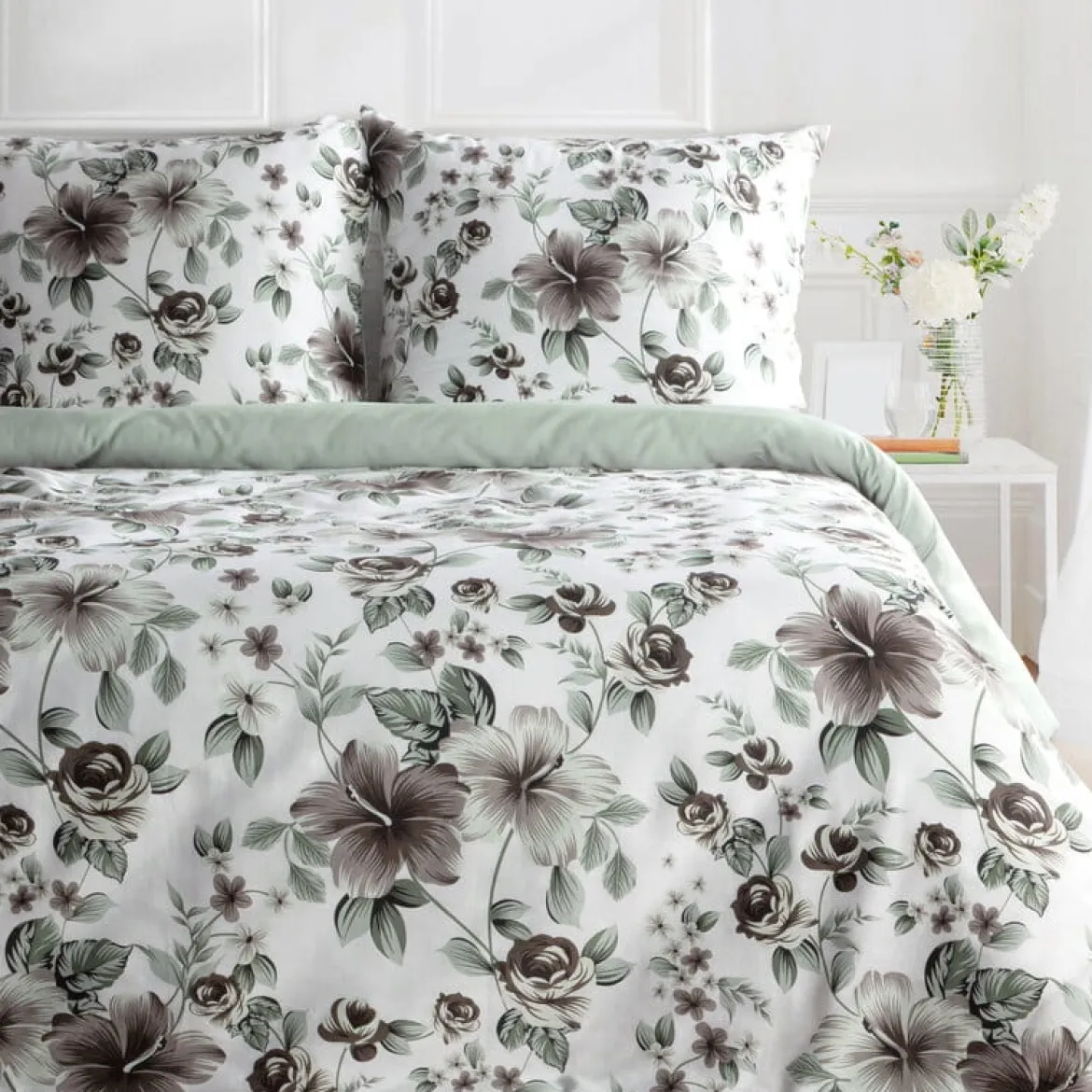 Komplet pościeli z bawełny satynowej Spring 160x200 w hibiskusy i róże
