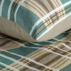 Komplet pościeli z bawełny satynowej Spring 160x200 zielono beżowa w kratę