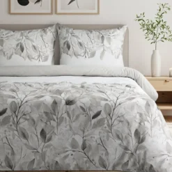 Komplet pościeli z bawełny satynowej Spring 140x200 w srebrne i popielate liście