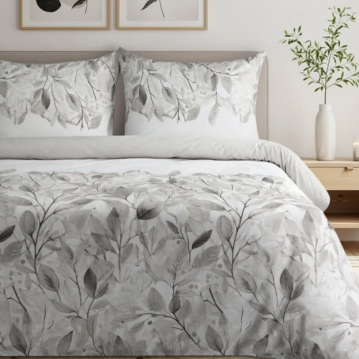 Komplet pościeli z bawełny satynowej Spring 140x200 w srebrne i popielate liście