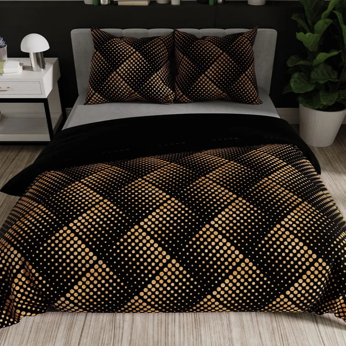 Komplet pościeli z bawełny satynowej czarno złota 220x200 Luxe