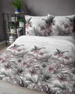 Komplet pościeli z satyny bawełnianej 220x200 w różowe hibiskusy Home Satin