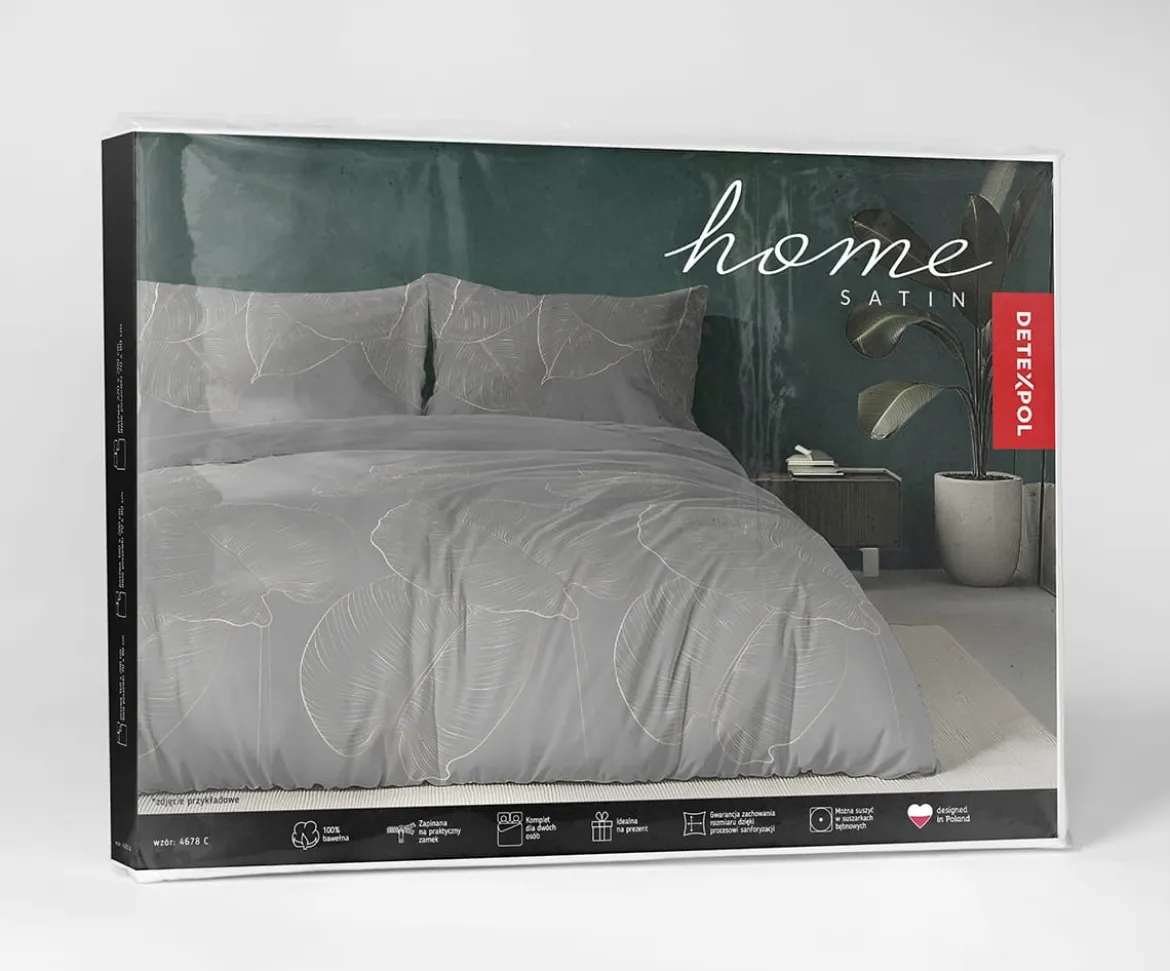 Komplet pościeli z satyny bawełnianej ciemnoszarej 220x200 w liście Home Satin