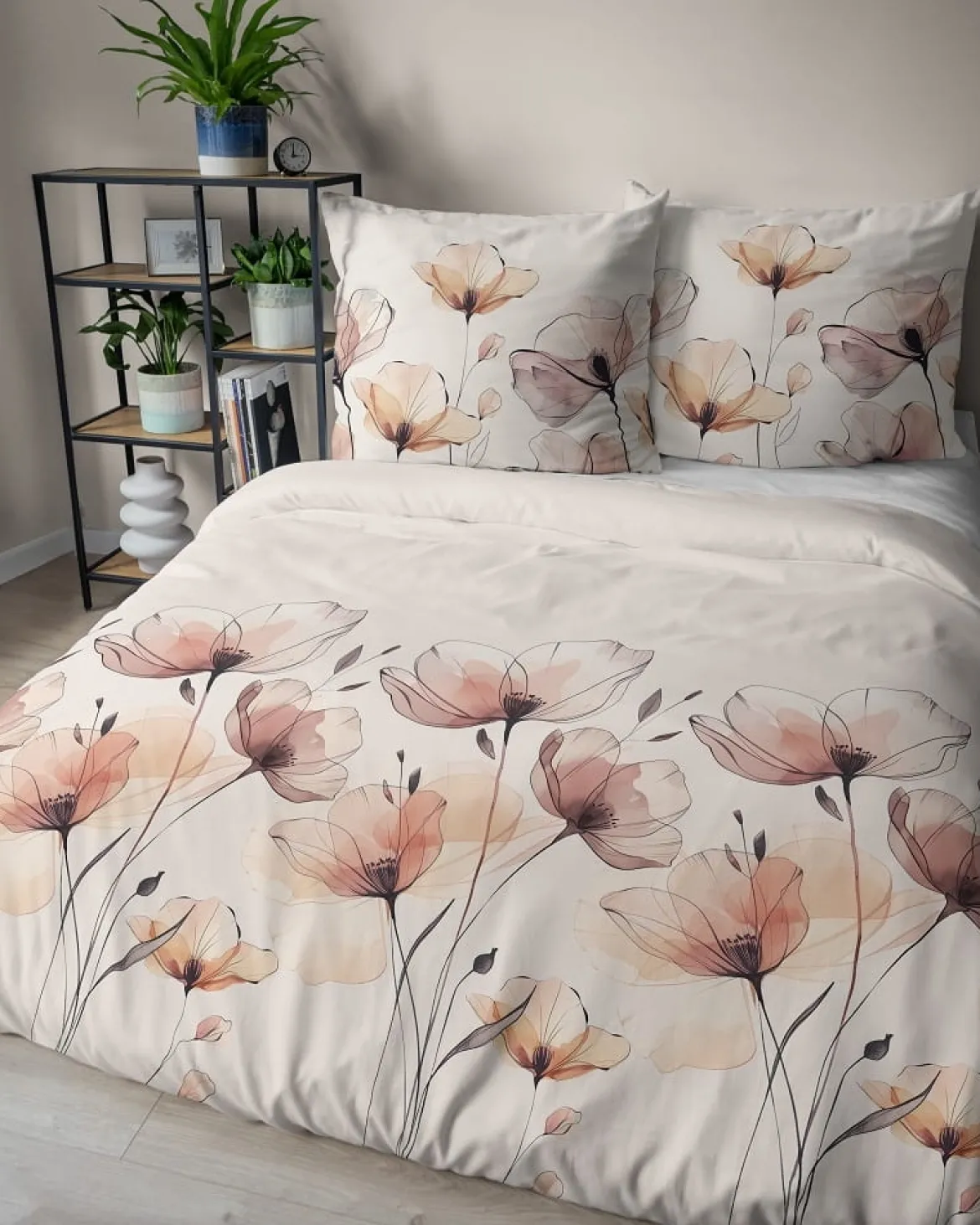 Komplet pościeli z satyny bawełnianej kremowej 220x200 w maki