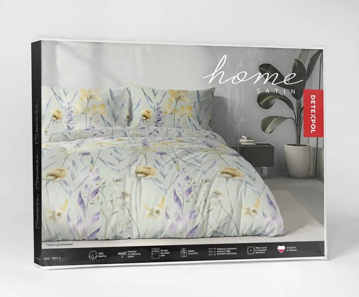 Komplet pościeli z satyny bawełnianej miętowej 220x200 w fioletowe kwiaty Home Satin