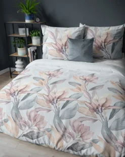 Komplet pościeli z satyny bawełnianej miętowej 220x200 w roślinny wzór