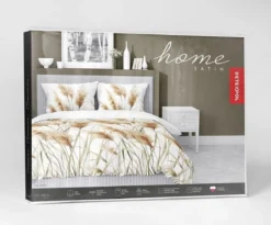 Komplet pościeli z satyny bawełnianej białej 140x200 w kłosy traw popasowych Home Satin