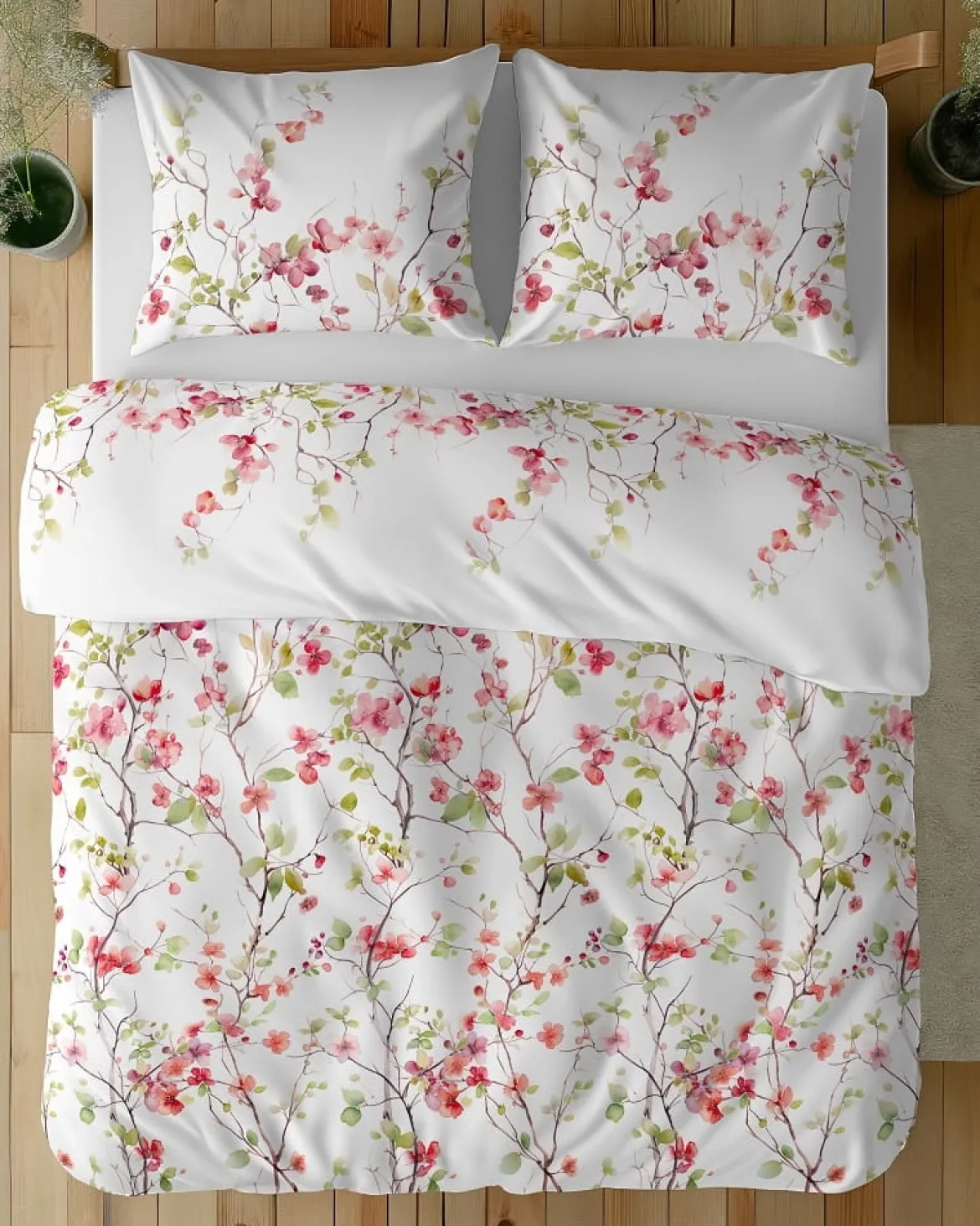 Komplet pościeli z satyny bawełnianej 160x200 w kwitnące gałązki Home Satin