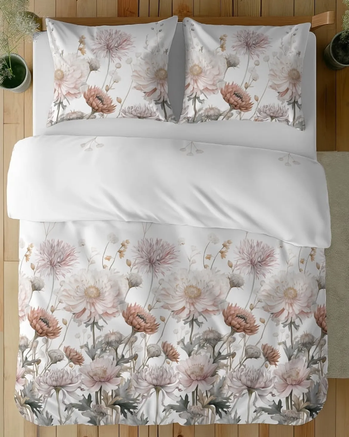 Komplet pościeli z satyny bawełnianej 160x200 w pudrowe, beżowe i kremowe kwiaty Home Satin